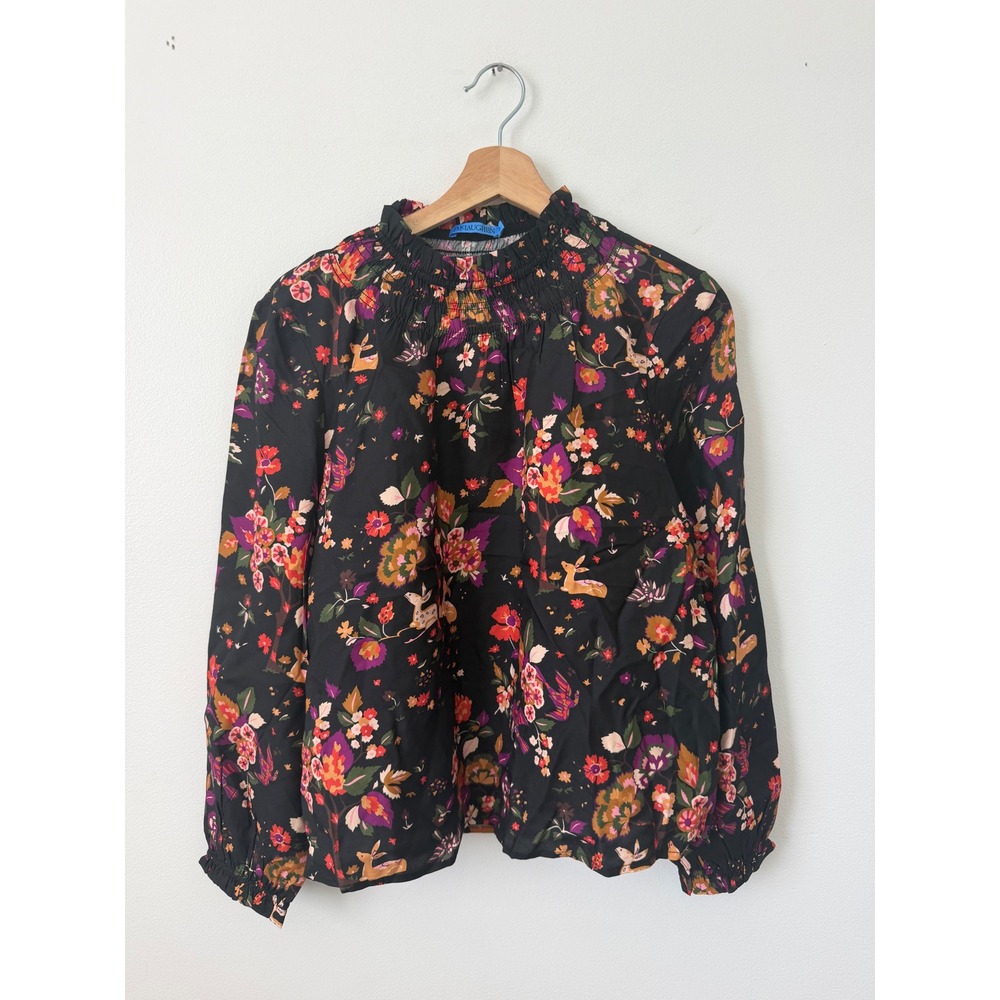 J. McLaughlin Floral & Deer Print Long Sleeve Blouse Black Women's Small – NWT